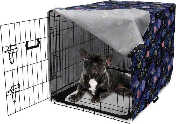 Ambesonne Galaxy Dog Crate Cover, Outer Space Planets Cosmic Journey Milky Way Zodiac Moon Doodle, Easy to Use Pet Kennel Cover for Cats & Medium Dogs, 30 Inch, Blue Pink