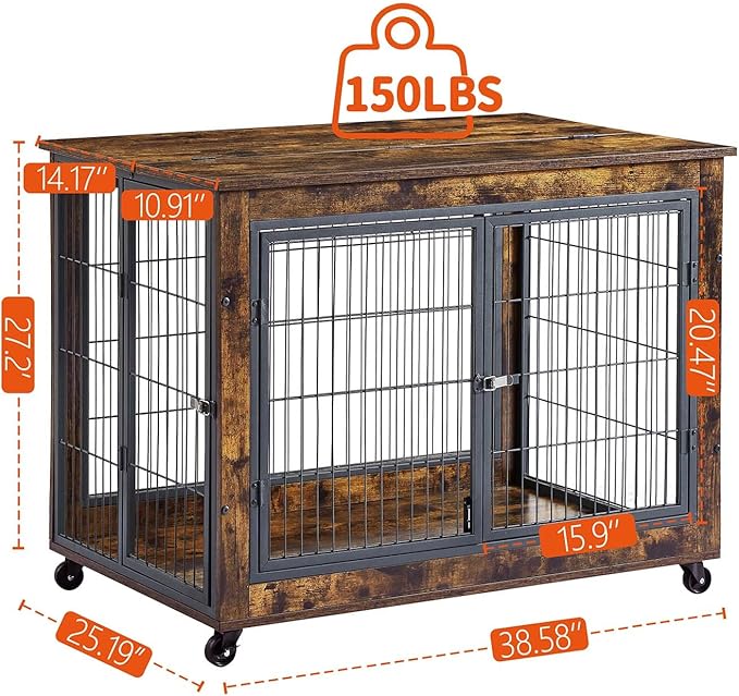 Dog Crate Furniture Dog Kennel for Home Indoor Use Furniture Dog Crate with Double Doors for Medium Large Dog 38.58" W x 25.2" D x 27.17" H Rustic Brown