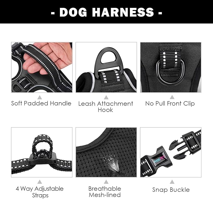 PHOEPET No Pull Dog Harnesses for Small Dogs Reflective Adjustable Front Clip Vest with Handle 2 Metal Rings 3 Buckles [Easy to Put on & Take Off](XS, Black)
