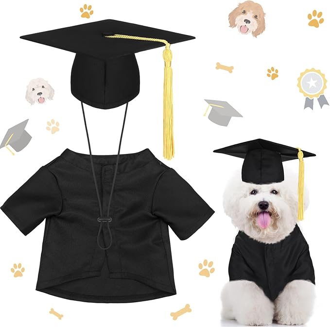 Xuniea 2 Pcs Dog Graduation Costume Set 2025 Dog Graduation Cap and Gown Puppy Hat with Tassel Matte Pet Grad Outfit Cats Grad Bear Holiday Party Costume Accessory(Black,Small)