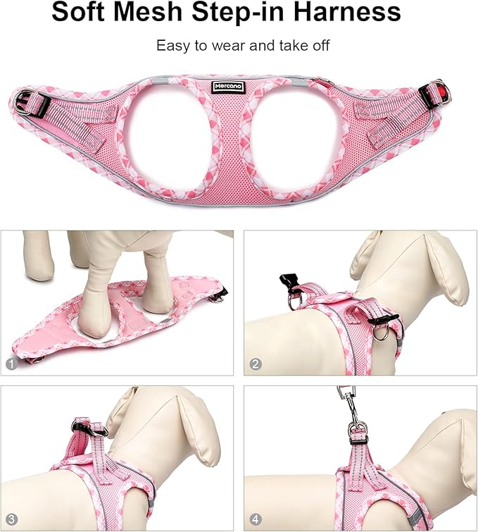 Mercano Soft Mesh Dog Harness and Leash Set, No-Chock Step-in Reflective Breathable Lightweight Easy Walk Escape Proof Vest Harnesses with Safety Buckle for Small Medium Dogs, Cats (Pink, XL)
