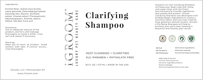iGroom Clarifying Dog Shampoo, Soft, Shiny, and Clean Dog Coat, Luxury Pet Beauty Care, Sooth and Protect Coat, All Natural Ingredient Shampoo, Made in USA, 16 oz
