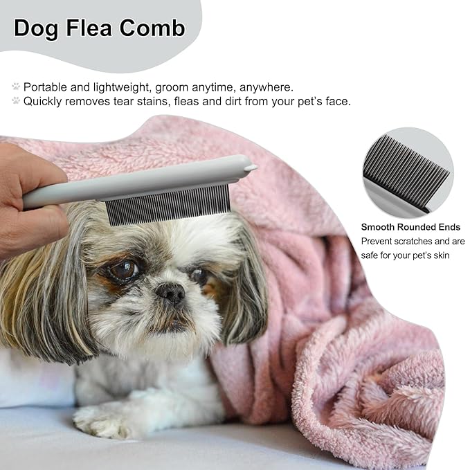 Cute Plastic Dog Comb with Stainless Steel Bristles and Furry Ears Design - Pet Grooming Tool for Removing Dirt and Tangles （Grey）
