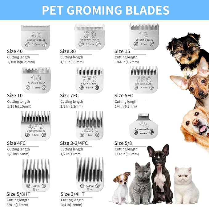 4FC+5FC+7FC+3-3/4FC Detachable Dog Grooming Blades, Compatible with Andis, Oster A5, Wahl KM10 Series Clippers, Cut Length 3.2mm-13mm, Silver
