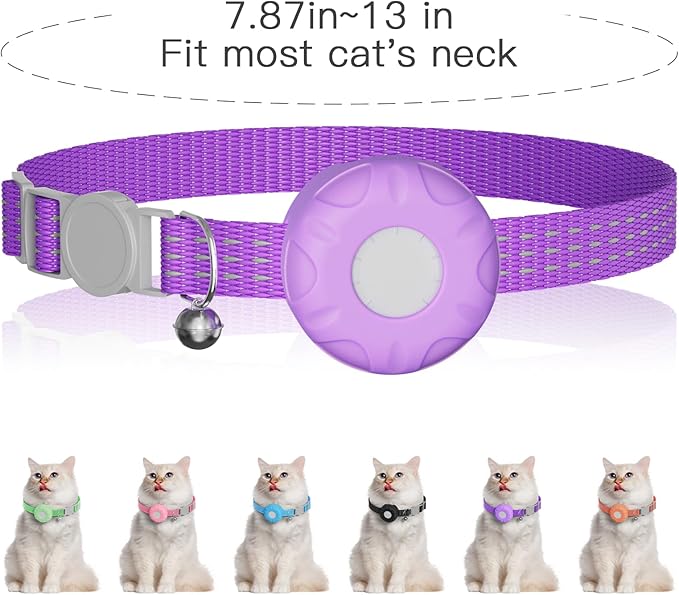 Cat Tracker Collar,No Monthly Fee Tracking Pet Collar with Finder Tag,Compatible with Apple Find My(iOS Only),Breakaway Tractive Design with Reflective Pattern & Bell,Purple