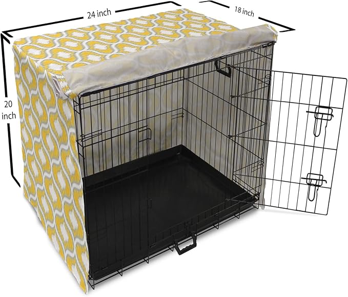 Lunarable Mustard Dog Crate Cover, Eastern Ikat Style Pattern with Modern Blurry Color Distortion Effects, Easy to Use Pet Kennel Cover for Cats & Medium Dogs, 24 Inch, Grey Yellow