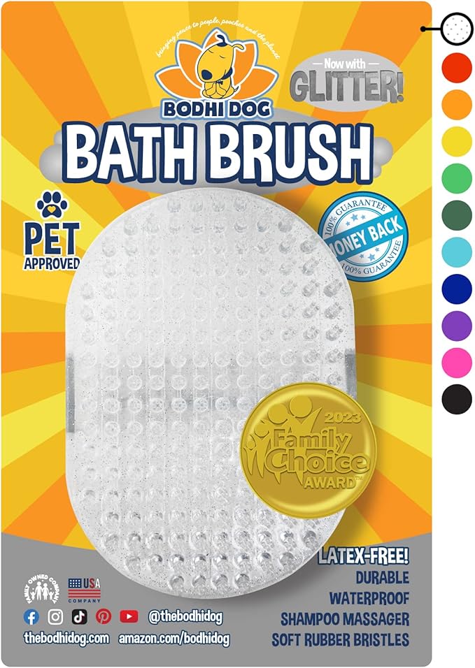Bodhi Dog Shampoo Brush - Pet Grooming & Bath Supplies for Cats and Dog - Bath Brush for Long & Short Hair - Premium Scrubber for Shower, Bathing & Massage (One Pack, Silver Glitter)