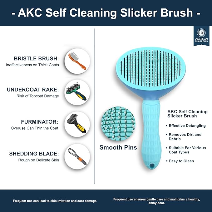 American Kennel Club AKC Self-Cleaning Pet Grooming Slicker Brush for Cats and Dogs, All Breeds and Coat Types