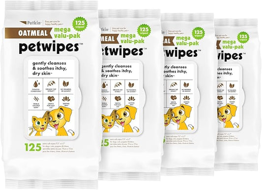 Petkin Mega Valu-Pak Pet Wipes, 500 Total Wipes - Oatmeal Pet Wipes for Dogs and Cats - for Face, Paws, Ears, and Body - Super Convenient Dog Cleaning Wipes, Ideal for Home or Travel - Easy to Use