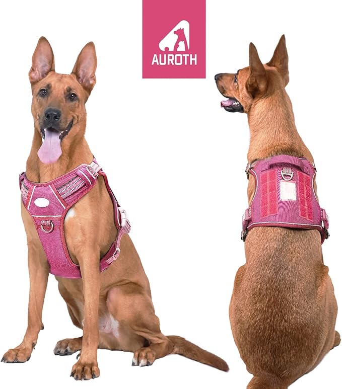 Auroth Tactical Dog Harness for Large Dogs No Pull Adjustable Pet Harness Reflective K9 Working Training Easy Control Pet Vest Military Service Dog Harnesses Rose Red XL