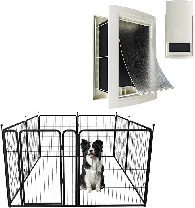 MESTYL Dog Door for Wall and Dog Play Pen Indoors, Heavy Duty Metal Puppy Playpen, Portable Dog Exercise Pen Temporary Pet Fence with Gate, 40" Height 8 Panels