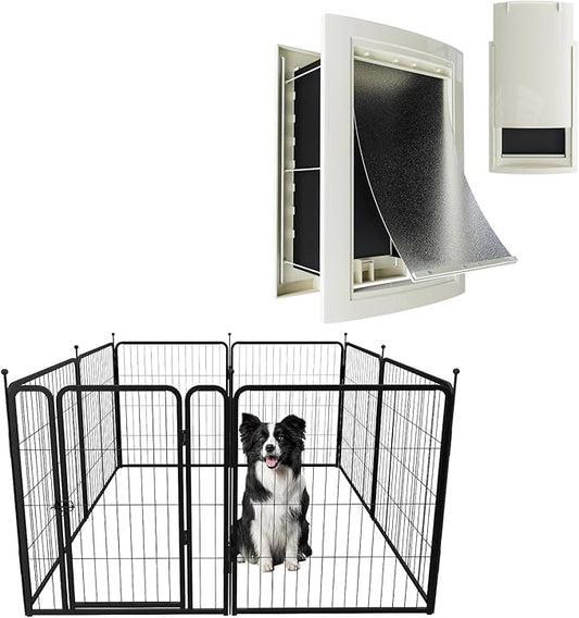 MESTYL Dog Door for Wall and Dog Play Pen Indoors, Heavy Duty Metal Puppy Playpen, Portable Dog Exercise Pen Temporary Pet Fence with Gate, 40" Height 8 Panels