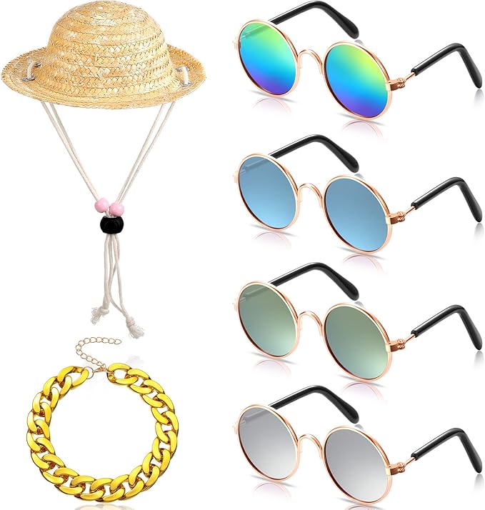 Weewooday 6 Pieces Dog Cat Costume, Pet Sunglasses and Summer Straw Hat with Faux Gold Chain Collar, Classic Funny Pet Accessories for Cat Puppy Small Medium Dog(Cool Style,Stylish Colors)