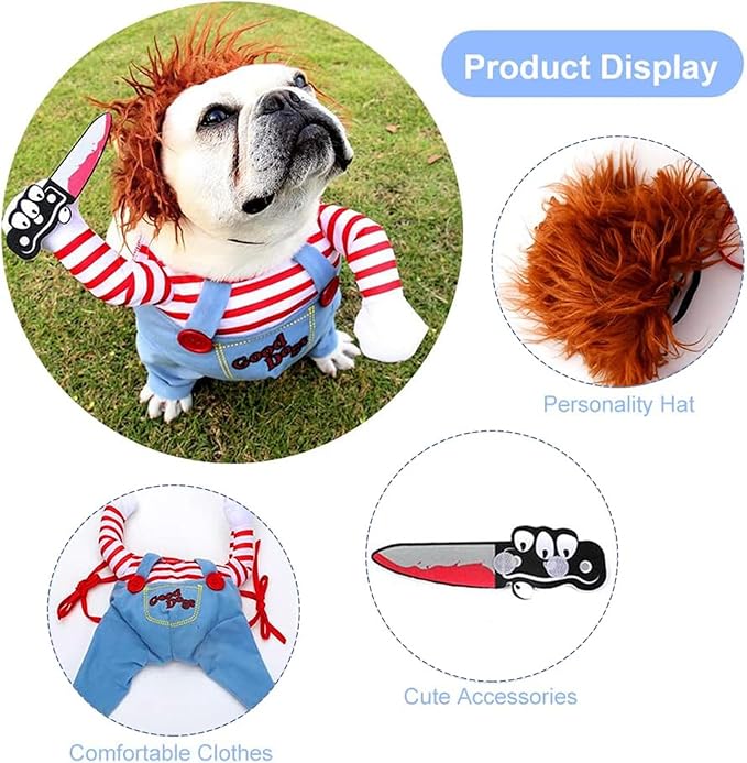 Dog Halloween Costumes, Deadly Doll- Chucky Dog Costume with Knife for Pets, Funny Costumes Halloween for Small Dogs [XS]