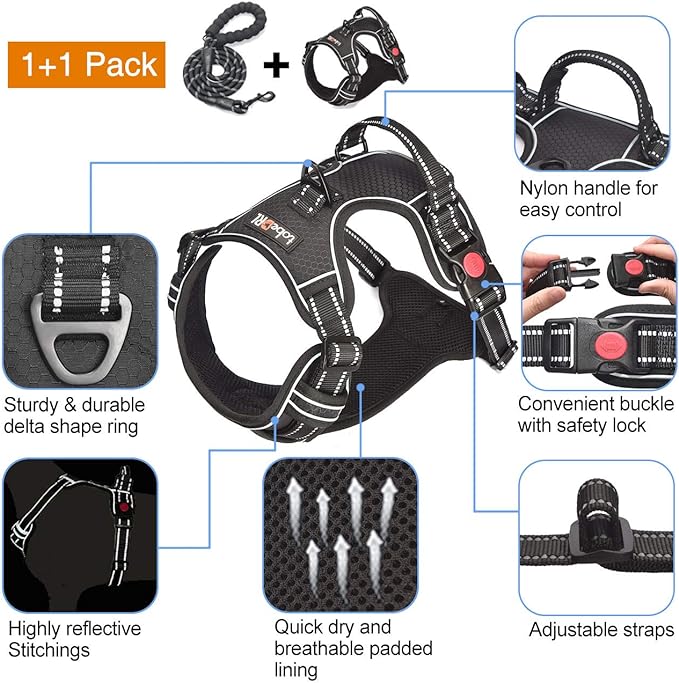 tobeDRI No Pull Dog Harness Adjustable Reflective Oxford Easy Control Medium Large Dog Harness with A Free Heavy Duty 5ft Dog Leash (M (Neck: 14.5"-20.5", Chest: 22"-28"), Black Harness+Leash)