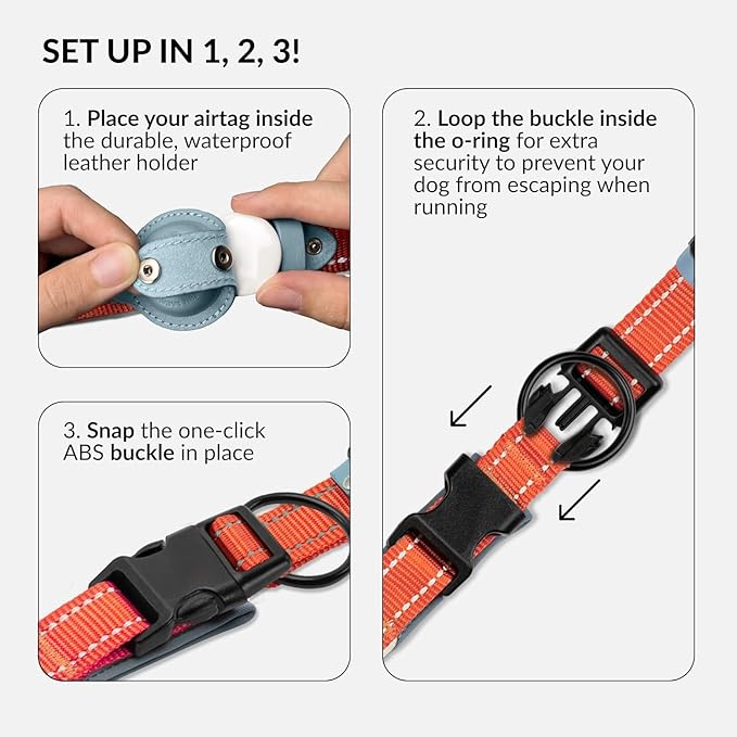 CollarDirect Airtag Dog Collar Reflective Nylon Neoprene Leather Holder for Apple Air Tag for Large, Medium, and Small Dogs (Pink, XL, 20-24 Inch)