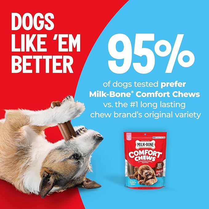 Milk-Bone Mini Comfort Chews, Rawhide Free Dog Treats with Unique Chewy Texture and Real Beef, 18 Mini Chews (Pack of 4)