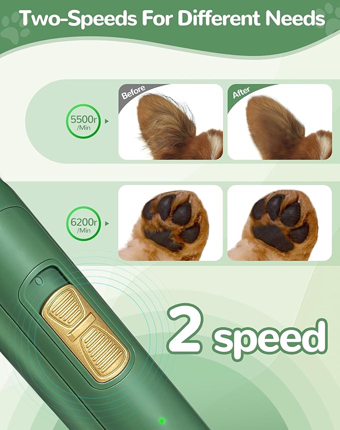 LEYOUFU Dog Clippers for Grooming, 2 Speed Low Noise Cordless Dog Paw Trimmer, Rechargeable Small Pet Hair Trimmer for Grooming, Cat Hair Clippers Shaver for Paws, Eyes, Ears, Face, Rump (Green)