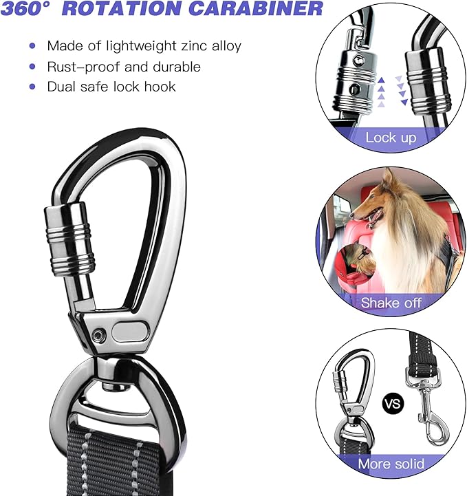 AUBELL Dog Seatbelt, Updated 3-in-1 Pet Car Seat Belt for Dogs, Bungee Dog Car Tether with Clip Hook Latch & Buckle, Heavy Duty Dog Car Harness with Swivel Aluminum Carabiner,Black+Black