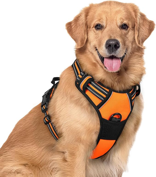 rabbitgoo Dog Harness, No-Pull Pet Harness with 2 Leash Clips, Adjustable Soft Padded Dog Vest, Reflective No-Choke Pet Oxford Vest with Easy Control Handle for Large Dogs, Orange, XL