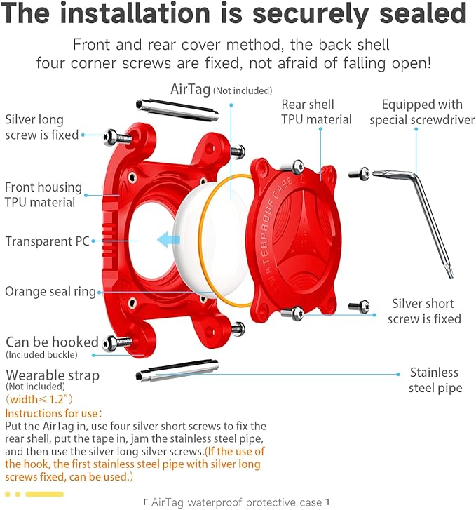 IP68 Waterproof Airtag Case for Dog Collar [2 Pack] Airtag Dog Collar Holder Hard TPU Full Protection Airtag Holder with Removable Handle Cat Dog GPS Tracker Anti Loss air tag Cover（Red）