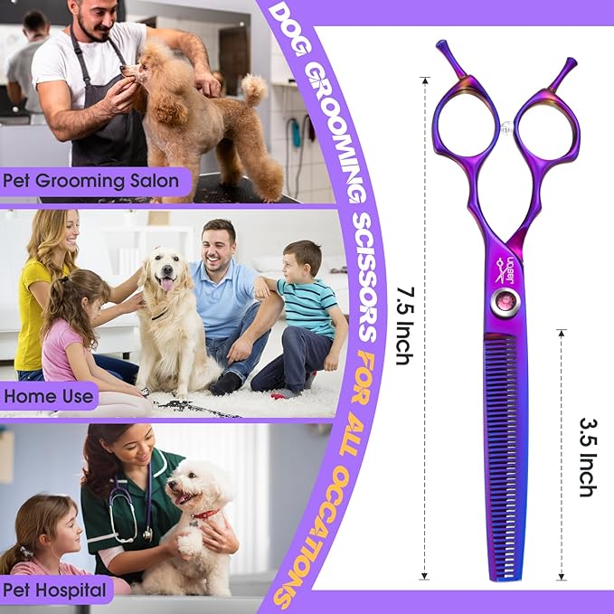 JASON Dog Scissors for Grooming - 7.5" Thinning Scissors for Dog Grooming, Japanese 440C Stainless Steel Blender Shears with Diamond Adjustable Screw (45 Teeth, Purple)