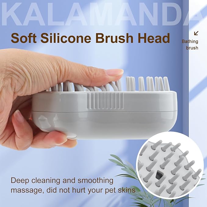 Cat Steam Brush for Shedding, 4 in 1 Steamy Cat Brush with Cleanser, Dog Massage Grooming Brush with Release Button, Pet Hair Cleaning Misting Comb for Kitten(Grey Paw)