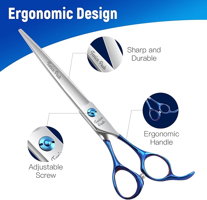 Fenice Peak Grooming Scissors for Dogs 7 inch Straight Pet Grooming Scissors Ergonomically Designed Blue Handles Ideal Dog Shears for Precise Trimming Easy Use.