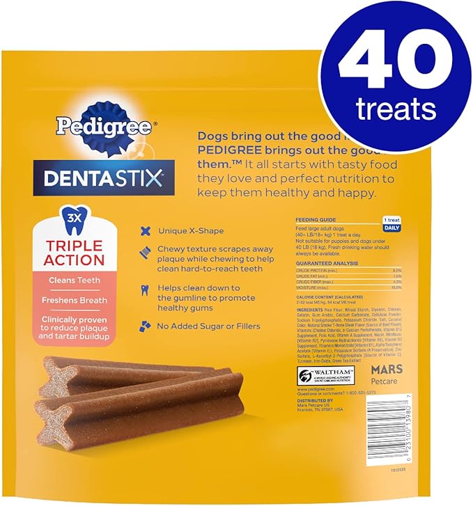 PEDIGREE DENTASTIX Large Dog Dental Treats Beef Flavor Dental Bones, 2.08 lb. Value Pack (40 Treats)