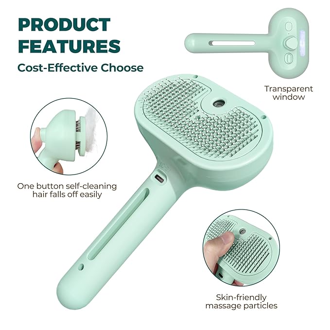3-in-1 Self-Cleaning Pet Grooming Tool: Versatile Steam Brush for Cats and Dogs, with Bath Supplies and Detachable Bristles (Green)