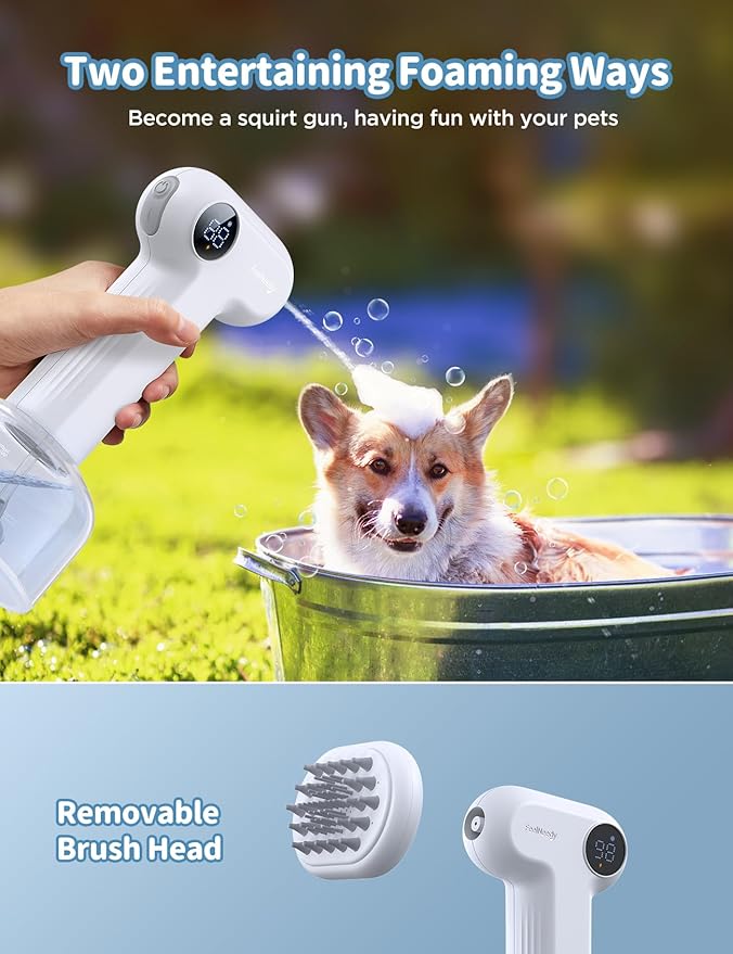 Automatic Foaming Soap Dog Bath Brush, Foaming Dispenser with Soft Silicone Massage Dog Shampoo Brush, One-Click Deep Cleaning Dog Washing Brush for Short and Long Haired Pet, White