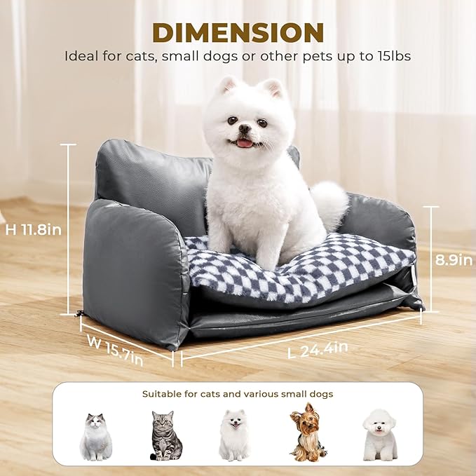 BurgeonNest Cat Couch Bed & Dog Sofa Bed for Small Dogs & Cats up to 15lbs, Double Layer Cushion Extra Comfort, Leather & Plush Material Scatch-Resistant, Waterproof, Grey