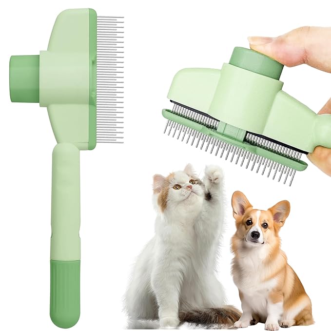 Cat Comb Dog Comb Pet Hair Removal Tool Flea Comb for Cats and Dog Lice Comb Cat Brush with Release Button Self-Cleaning with Long & Short Stainless Steel Metal Teeth for Shedding