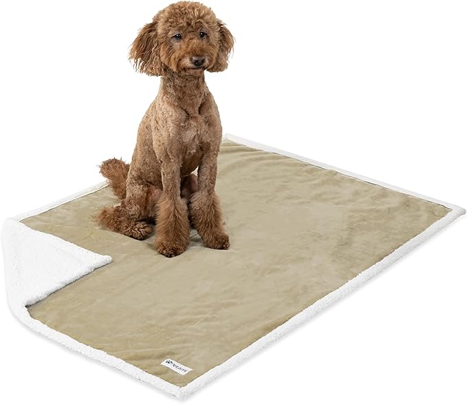 PetAmi Waterproof Dog Blanket for Bed, XL Dog Pet Blanket Couch Cover Protector, Sherpa Fleece Leakproof Blanket for Crate Kennel Sofa Furniture Queen Bed Protection Reversible Soft Plush 90x90 Taupe
