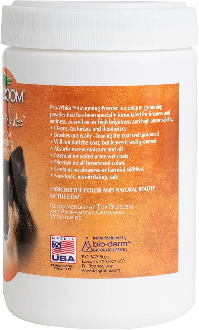 Bio-Groom Pro-White Dog Grooming Powder – Harsh Coat Defense, Dog Bathing Supplies, Puppy Wash, Cat & Dog Grooming Supplies, Cruelty-Free, Made in USA, Dog Powder for Odor – 8 oz 1-Pack