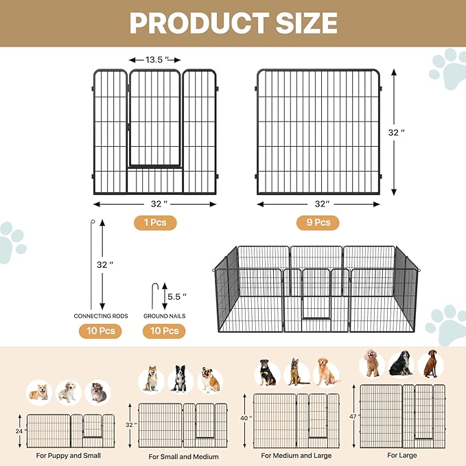 MoNiBloom Dog Playpen Outdoor, 32" Height 10 Panels Heavy Duty Metal Dogs Pen for Medium/Small Animals Pet Exercise Pen for RV Camping Yard