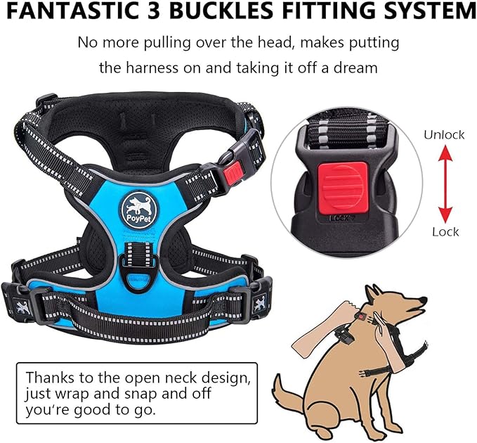 PoyPet No Pull Dog Harness, No Choke Front Clip Dog Reflective Harness, Adjustable Soft Padded Pet Vest with Easy Control Handle for Small to Large Dogs(Blue,L)