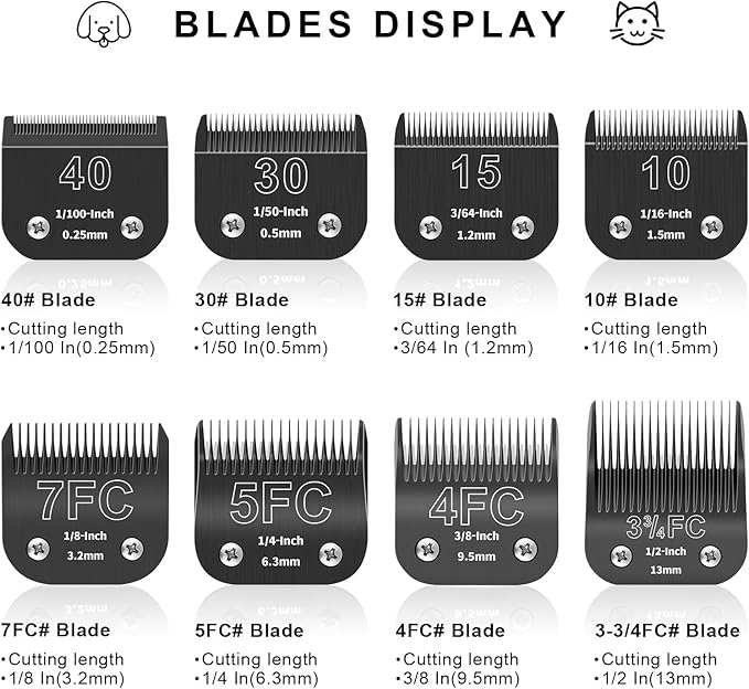 7FC 5FC 4FC 3-3/4FC Detachable Pet Dog Grooming Blades, Compatible with Ainds, Oster A5, Wahl KM-10 and Other Series Clippers, Size: 3.2~13mm Cut Length. Black-4Pcs.