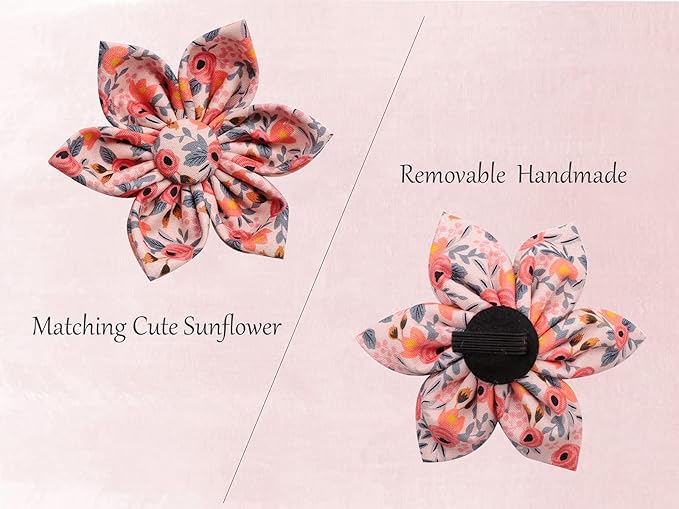 Uniqe Style Paws Flower Dog Collar, Peach Rose Adjustable Girl Dog Collar with Flower, Durable Floral Pattern Pet Collar for Small Female Dogs