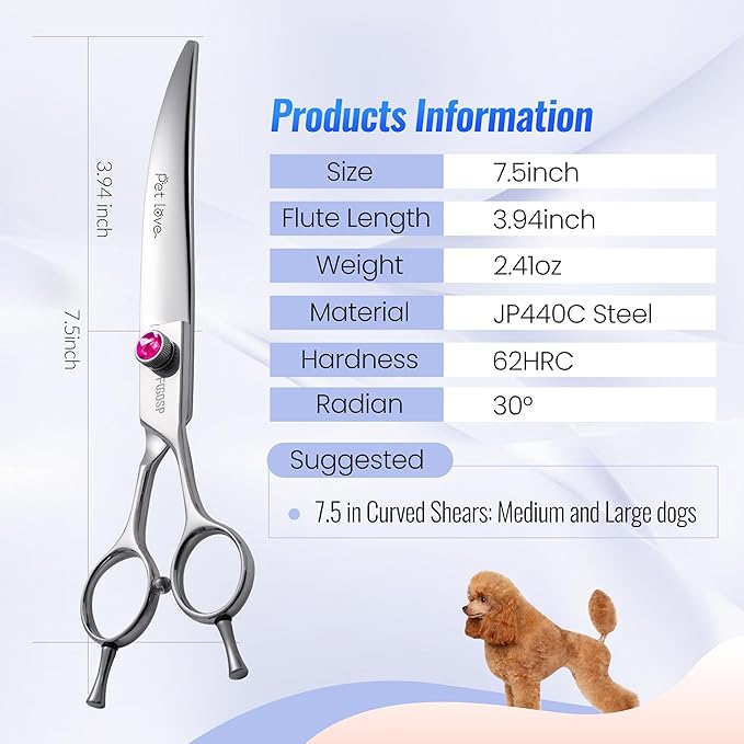 Curved Dog Grooming Scissors 7.5 inch Professional Curved Shears Dog Grooming for Poodle Large Dog Pet 30 Degree Japanese 440C Right Handed Super Sharp Purple Diamond(7.5,Curved)