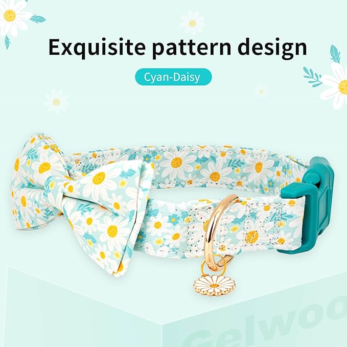 Fashionable Dog Collar with Bow Tie for Small Medium Large Dogs,Cute and Soft Puppy Collar for Male Female Dogs, Durable Cotton Dog Collar with Adjustable Buckle Butterfly Pattern (Medium, Cyan Daisy)