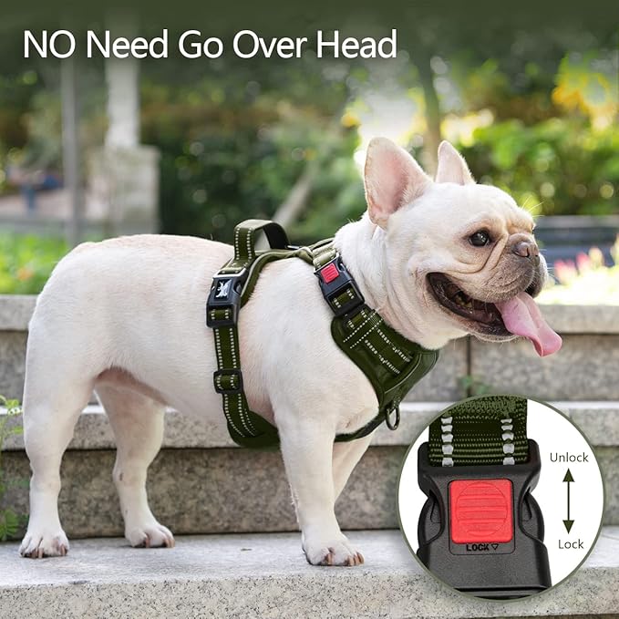 PoyPet No Pull Dog Harness, No Choke Reflective Dog Vest, Adjustable Pet Harnesses with Easy Control Padded Handle for Small Medium Large Dogs(Military Green,M)