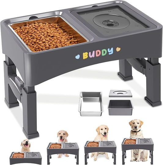 Decflow 2-in-1 Elevated Dog Bowls, 4 Height Adjustable Raised Dog Bowls with Stainless Steel Dog Food Bowls & No Spill Water Bowl, DIY Stickers Foldable Pet Bowl for Medium Large Dogs