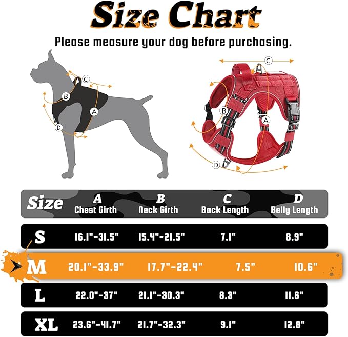 rabbitgoo Dog Harness Medium Sized No Pull, Tactical Service Dog Vest with Molle and Control Handle, Adjustable and Reflective Military Pet Harness for Easy Walking and Training, Red, M