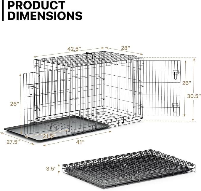 MoNiBloom 24/30/36/42/48 Dog Crates, Foldable Metal Wire Dog Cage with Double-Door, Outdoor Indoor Pet Kennels, Includes Leak-Proof Pan, Divider Panel, Black, 42"