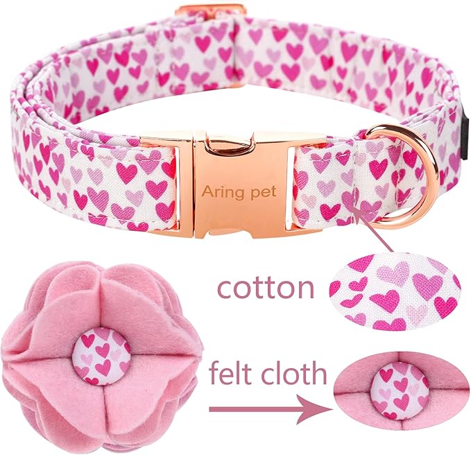 ARING PET Valentine's Day Dog Collar-Fancy Dog Collar with Felt Flower, Comfortable Cotton Heart Dog Collars Pet Collars with Metal Buckle