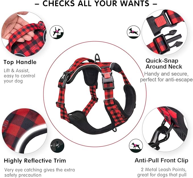 PoyPet No Pull Dog Harness, [Release at Neck] Reflective Adjustable No Choke Pet Vest with Front & Back 2 Leash Attachments, Soft Control Training Handle, Plaid(Checkered Red, M)