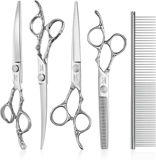 JASON Dog Grooming Scissors Kit, Professional 6 in 1 Dog Scissors Set - 6.5" Thinning, 7" Straight, 7" Up-Curved, 7" Down-curved Shears and Comb for Dog Cat Pet (Silver)
