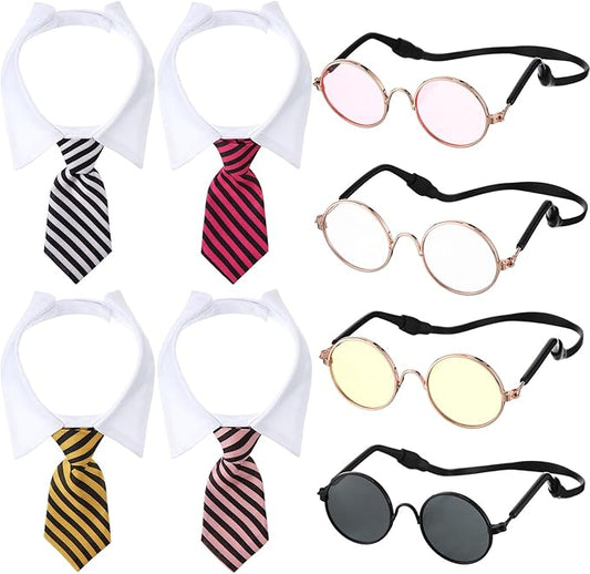 Weewooday 8 Pcs Pet Dog Cat Costume Cat Tie Collar Glasses for Small Dog Round Metal Retro Sunglasses Tie Pet Costume Tuxedo Necktie Collar Puppy Accessories Halloween Cosplay Party (Bright Colors)