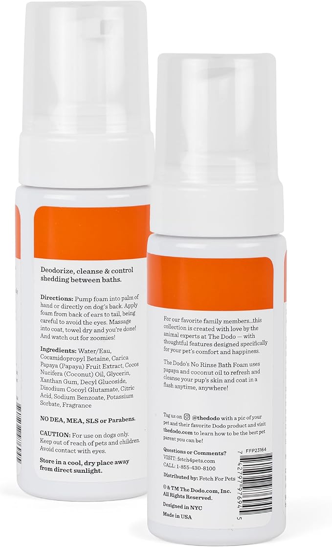 The Dodo No Rinse Bath Foam for Dogs, Tropical Mango with Papaya and Coconut Oil, 8 fl oz; Waterless Dog Grooming Option; Vegan, Cruelty-Free, No DEA, MEA, SLS or Parabens